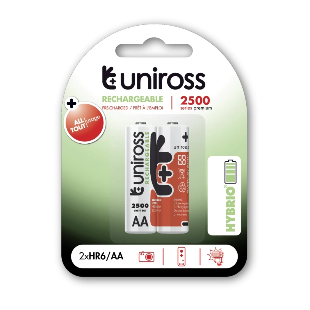 بطاريات Uniross Hybrio AA 2500 mAh NiMH قابلة لإعادة الشحن، عبوة من قطعتين
