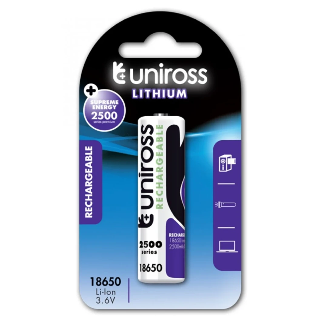 بطارية ليثيوم قابلة لإعادة الشحن LIR18650BT من Uniross بسعة 2500 مللي أمبير في الساعة