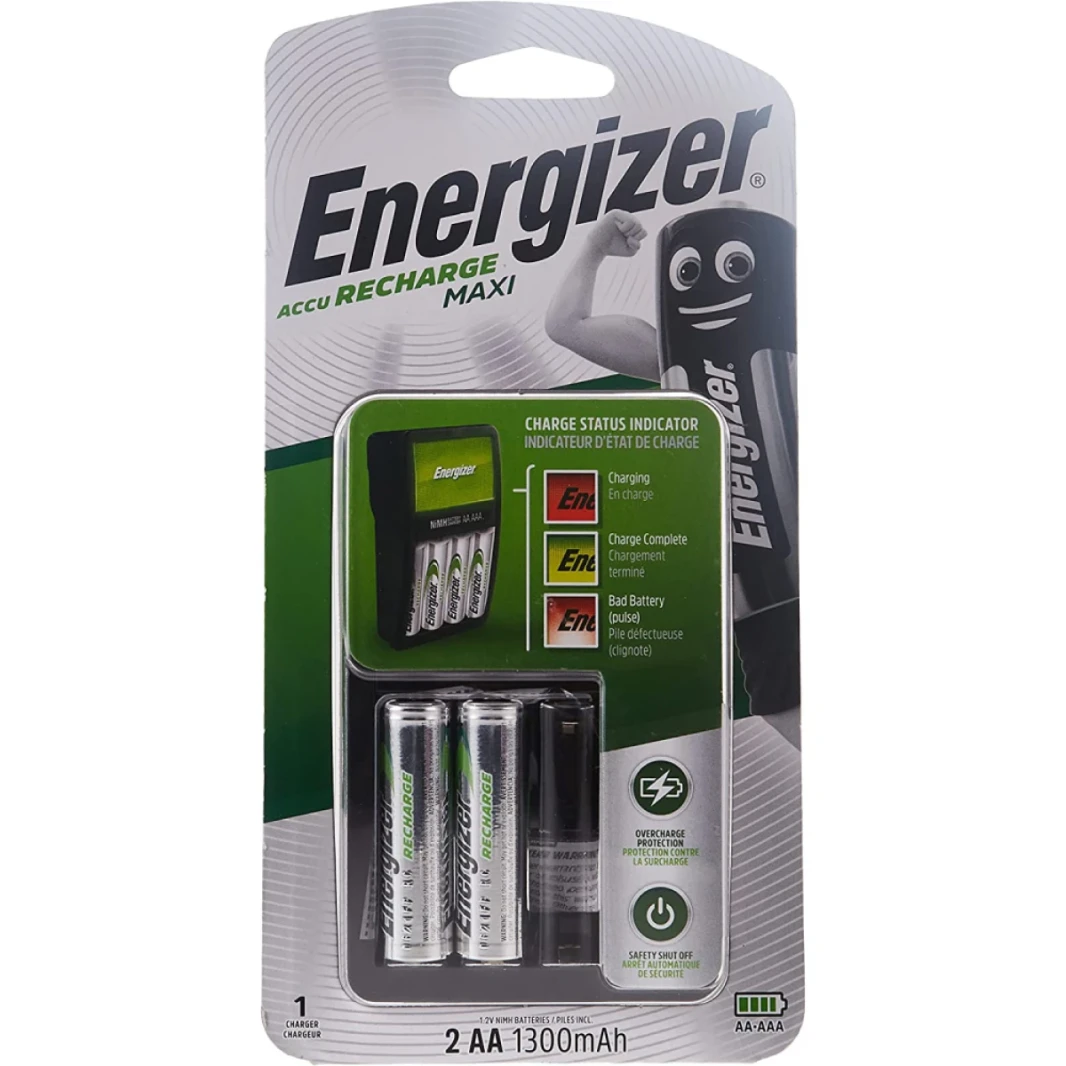 شاحن Energizer Accu Recharger Maxi AA/AAA مزود ببطاريتين قابلتين لإعادة الشحن من نوع AA (1300 مللي أمبير في الساعة) من نوع NiMH