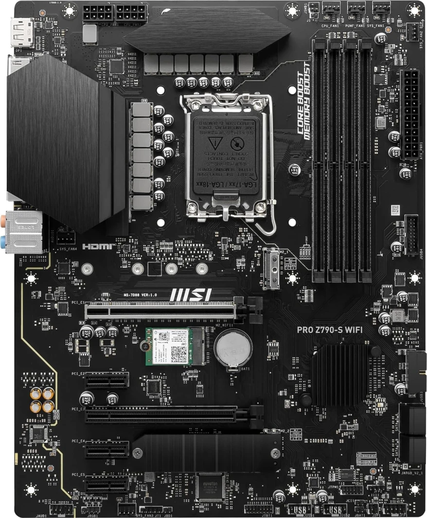 MSI PRO Z790-S WiFi ProSeries Motherboard (Supports 12th/13th/14th Gen Intel Processors, LGA 1700, DDR5, PCIe 5.0, M.2, 2.5Gbps LAN, USB 3.2 Gen2, HDMI/DP, Wi-Fi 6E, Bluetooth 5.3, ATX)