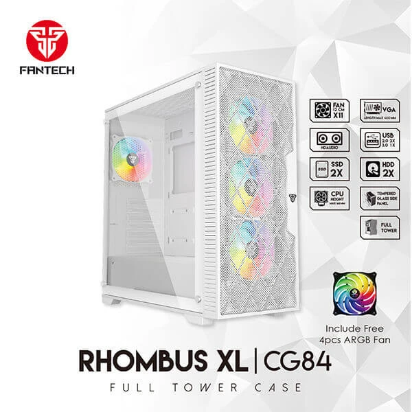 FANTECH RHOMBUS XL CG84 Mid Tower Case, Tempered Glass Side Panel & Mesh Front Panel, Supports (ETAX, ATX, Micro ATX, Mini ATX), 4x ARGB Fans - White