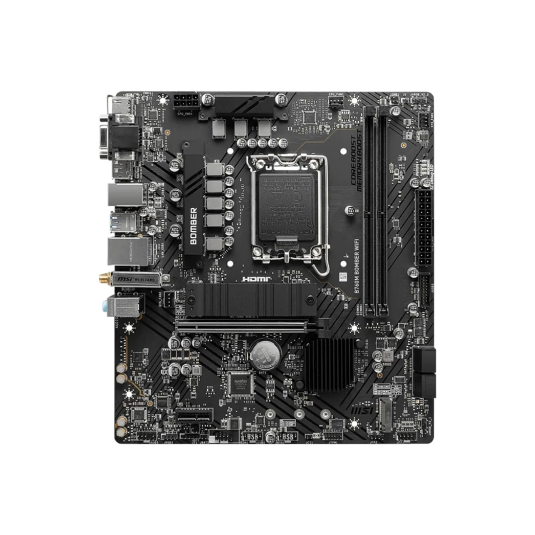 MSI B760M Bomber WiFi Motherboard ، Micro -ATX - تدعم معالجات Intel 12 و 13 Gen Core ، LGA 1700 - DDR5 Memory Boost 6400MHz/Max ، PCIE 4.0 X16 SLOT ، M.2 Gen4 Slot