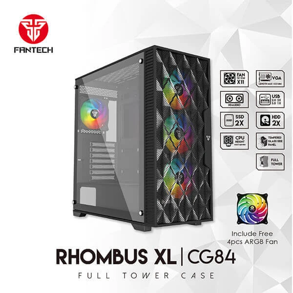 FANTECH RHOMBUS XL CG84 Mid Tower Case, Tempered Glass Side Panel & Mesh Front Panel, Supports (ETAX, ATX, Micro ATX, Mini ATX), 4x ARGB Fans - Black