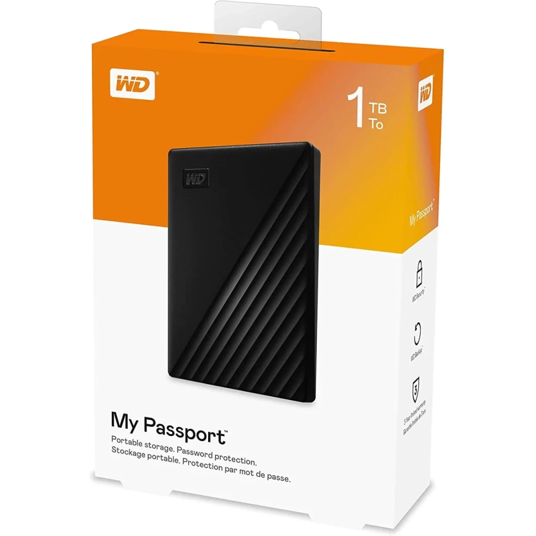 Western Digital 1TB My Passport USB 3.2 Gen 1 Slim Portable External Hard Drive With Password Protection Compatible For Windows, Mac OS, Xbox one & PS4