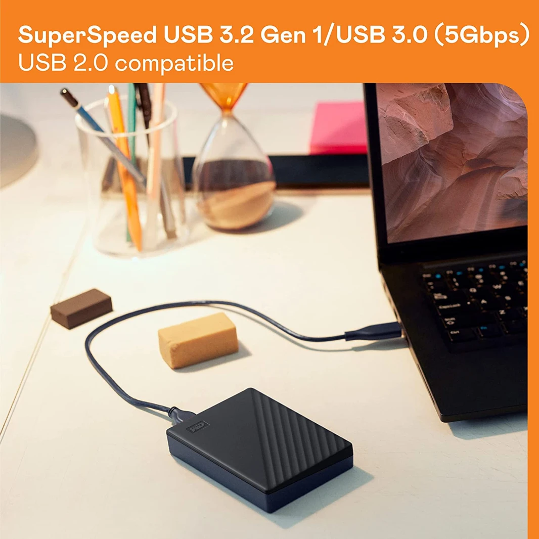 Western Digital 1TB My Passport USB 3.2 Gen 1 Slim Portable External Hard Drive With Password Protection Compatible For Windows, Mac OS, Xbox one & PS4