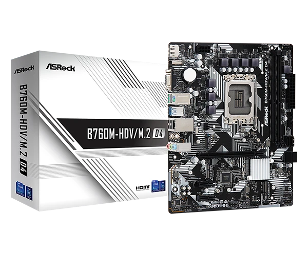 ASROCK B760M-HDV/M.2 D4 Intel® B760 LGA 1700 (14 ، 13 و 12 ، اللوحة الأم MATX ، 5 + 1 + 1 ، PCI-E 4.0 ، GB LAN ، 2 RAM DIMMS ، 1 M.2 فتحة ، 1 M.2 ل Wi-Fi