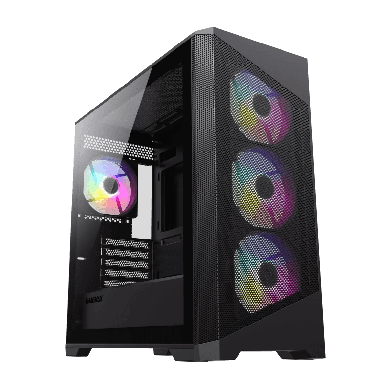 GAMEMAX Destroyer MB Mid Tower Case, Tempered Glass Side, Mesh Front Panel, Supports (Micro ATX, Mini ATX), 4x FRGB Fans - Black