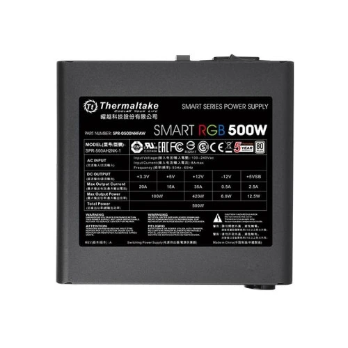Thermaltake Smart RGB 500W, 80 PLUS 230V Efficiency, 120mm Quite RGB Fan with Button Control, Sleeved Cables, Non-Modular ATX Power Supply - Black