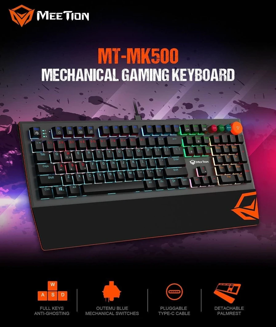 MeeTion MT-MK500 Detachable Palmrest RGB Mechanical Gaming Keyboard with Type C Cable