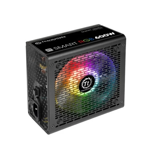 Thermaltake Smart RGB 600W, 80 PLUS 230V Efficiency, 120mm Quite RGB Fan with Button Control, Sleeved Cables, Non-Modular ATX Power Supply - Black