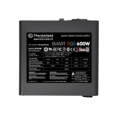 Thermaltake Smart RGB 600W, 80 PLUS 230V Efficiency, 120mm Quite RGB Fan with Button Control, Sleeved Cables, Non-Modular ATX Power Supply - Black