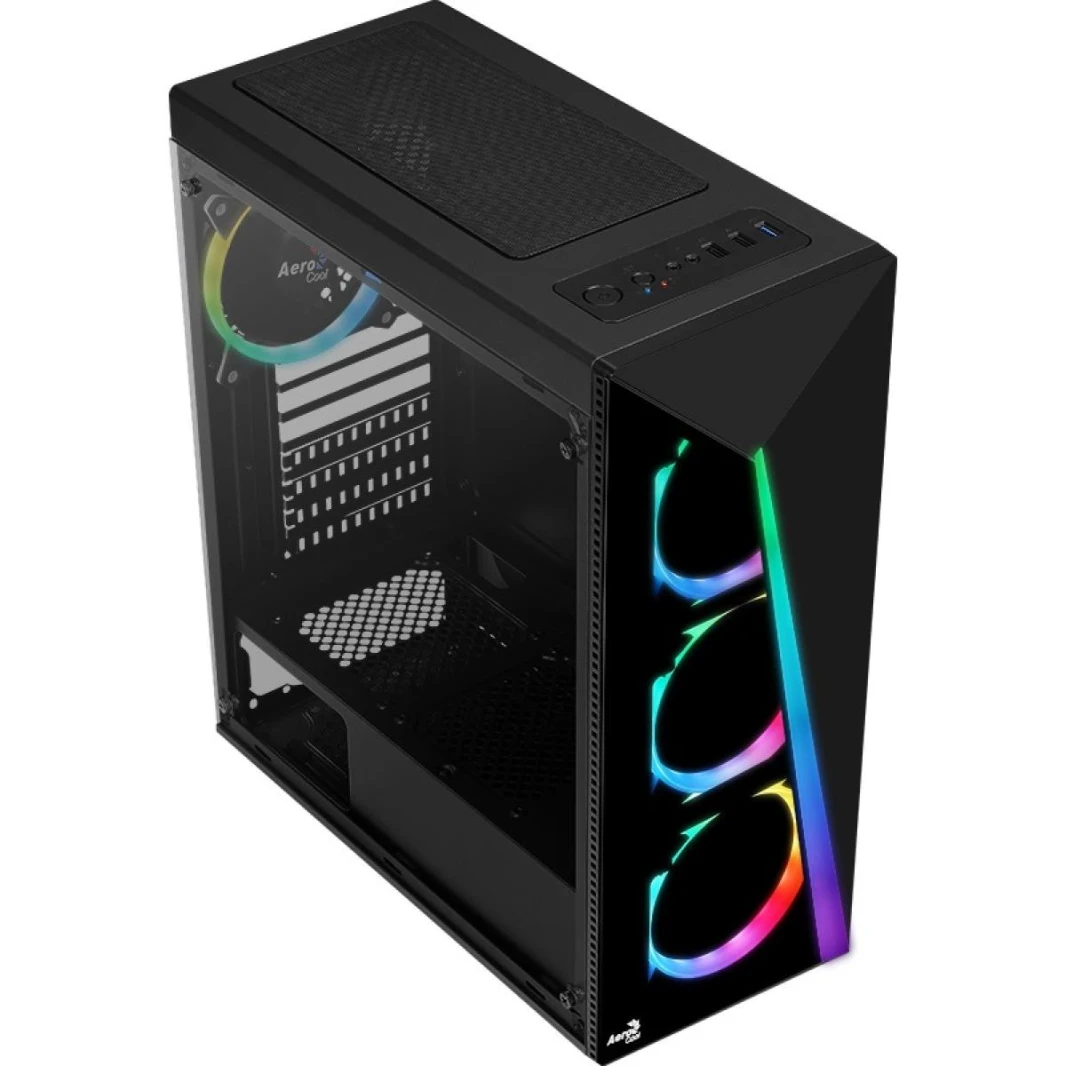AeroCool Shard RGB Mid Tower, Tempered Glass Side Panel, ABS Front Panel, Supports (ATX, Micro ATX, Mini ATX), 4x FRGB Fans - Black
