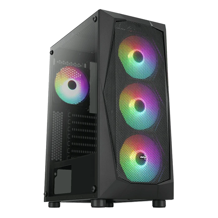 AeroCool Falcon G-BK-V1 Mid Tower, Tempered Glass Side Panel, Mesh Front Panel, Supports (ATX, Micro ATX, Mini ATX), 4x FRGB Fans - Black