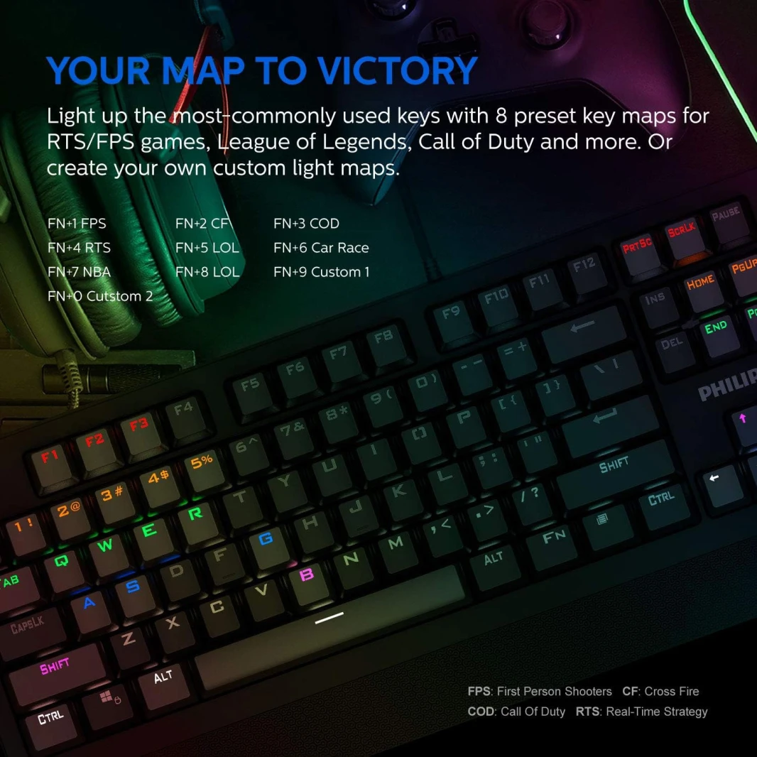 Philips SPK8403 Corded Mechanical Gaming Keyboard, RGB Ambiglow FX & Key Light Maps, Anti-Ghosting, N-Key Rollover, Clicky, Light-Touch Blue Switches