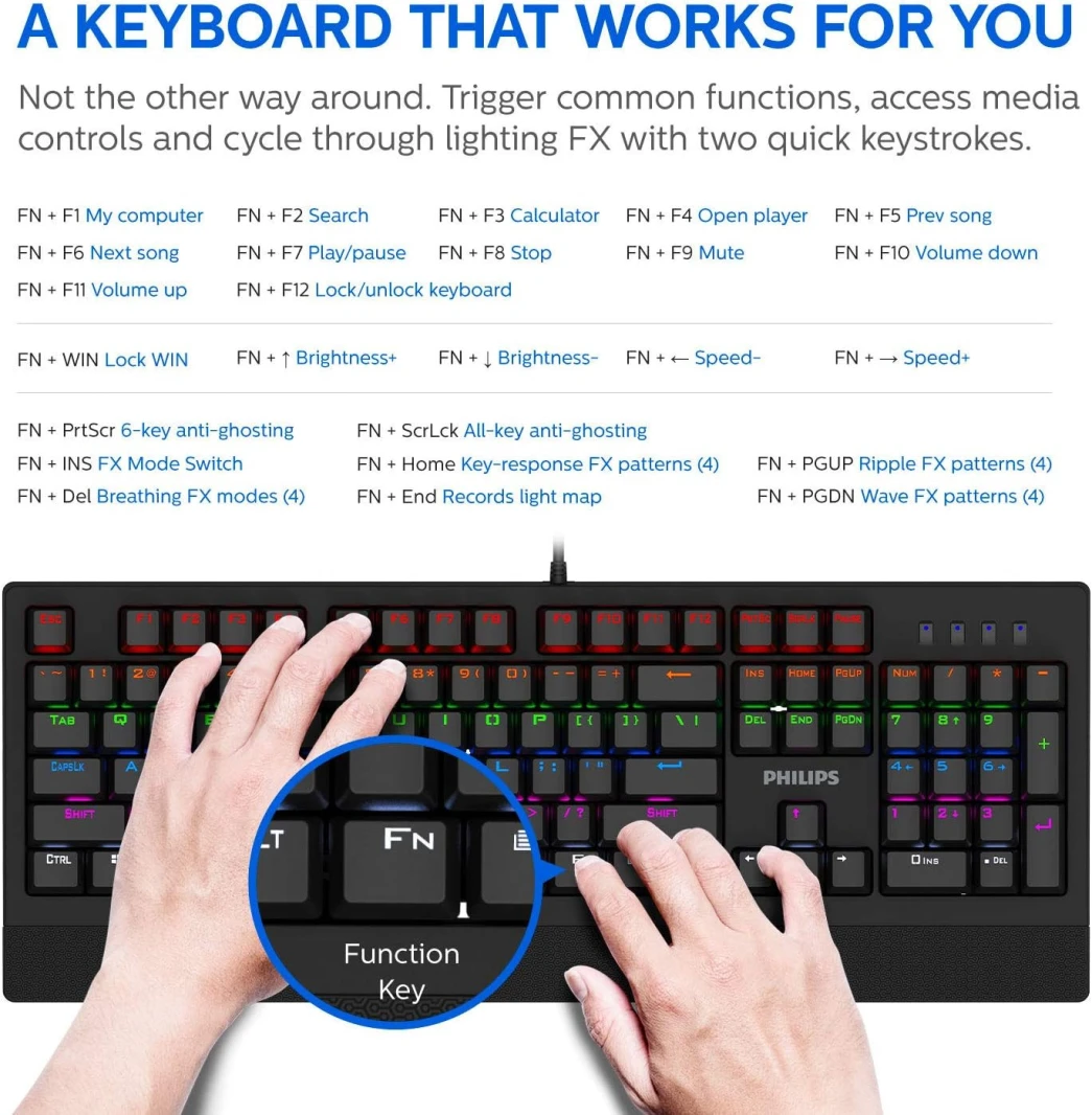 Philips SPK8403 Corded Mechanical Gaming Keyboard, RGB Ambiglow FX & Key Light Maps, Anti-Ghosting, N-Key Rollover, Clicky, Light-Touch Blue Switches