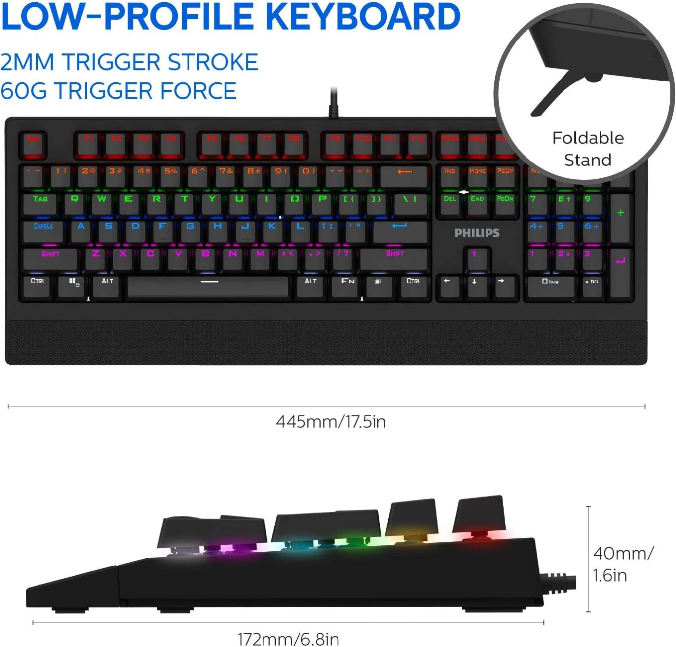 Philips SPK8403 Corded Mechanical Gaming Keyboard, RGB Ambiglow FX & Key Light Maps, Anti-Ghosting, N-Key Rollover, Clicky, Light-Touch Blue Switches