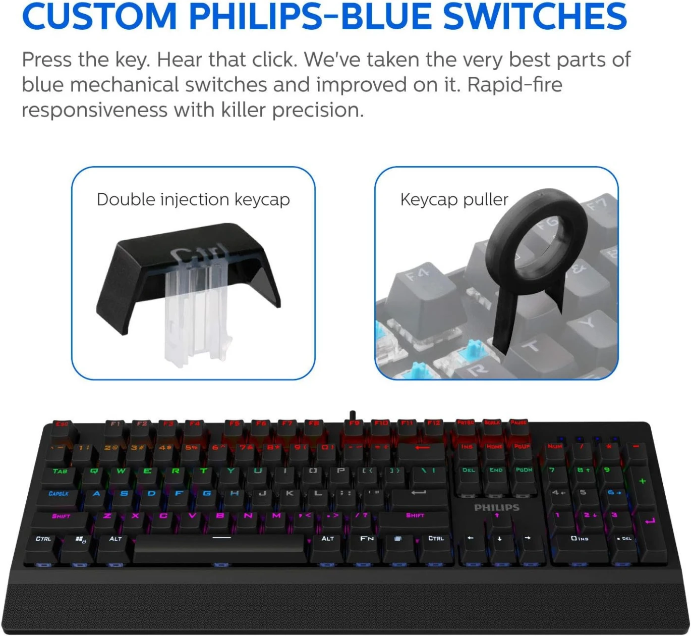 Philips SPK8403 Corded Mechanical Gaming Keyboard, RGB Ambiglow FX & Key Light Maps, Anti-Ghosting, N-Key Rollover, Clicky, Light-Touch Blue Switches