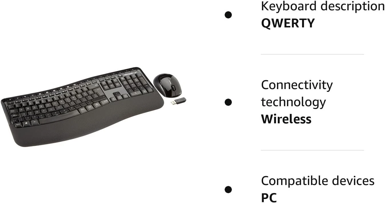 Microsoft Wireless Comfort 5050 Desktop Keyboard and Mouse Kit, Advanced Encryption Standard, Ergonomist-approved comfort curve design - Black