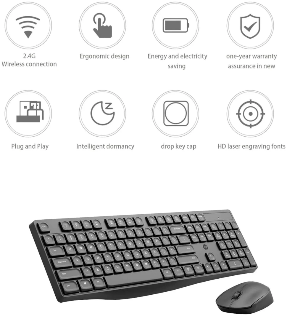 HP CS10 Wireless Keyboard Mouse Combo, 2.4 GHz Wireless Connection, Ergonomic Design, Energy and Electricity Saving, Plug and Play, Intelligent Dormancy, Drop Key Cap, 1600 dpi - Black
