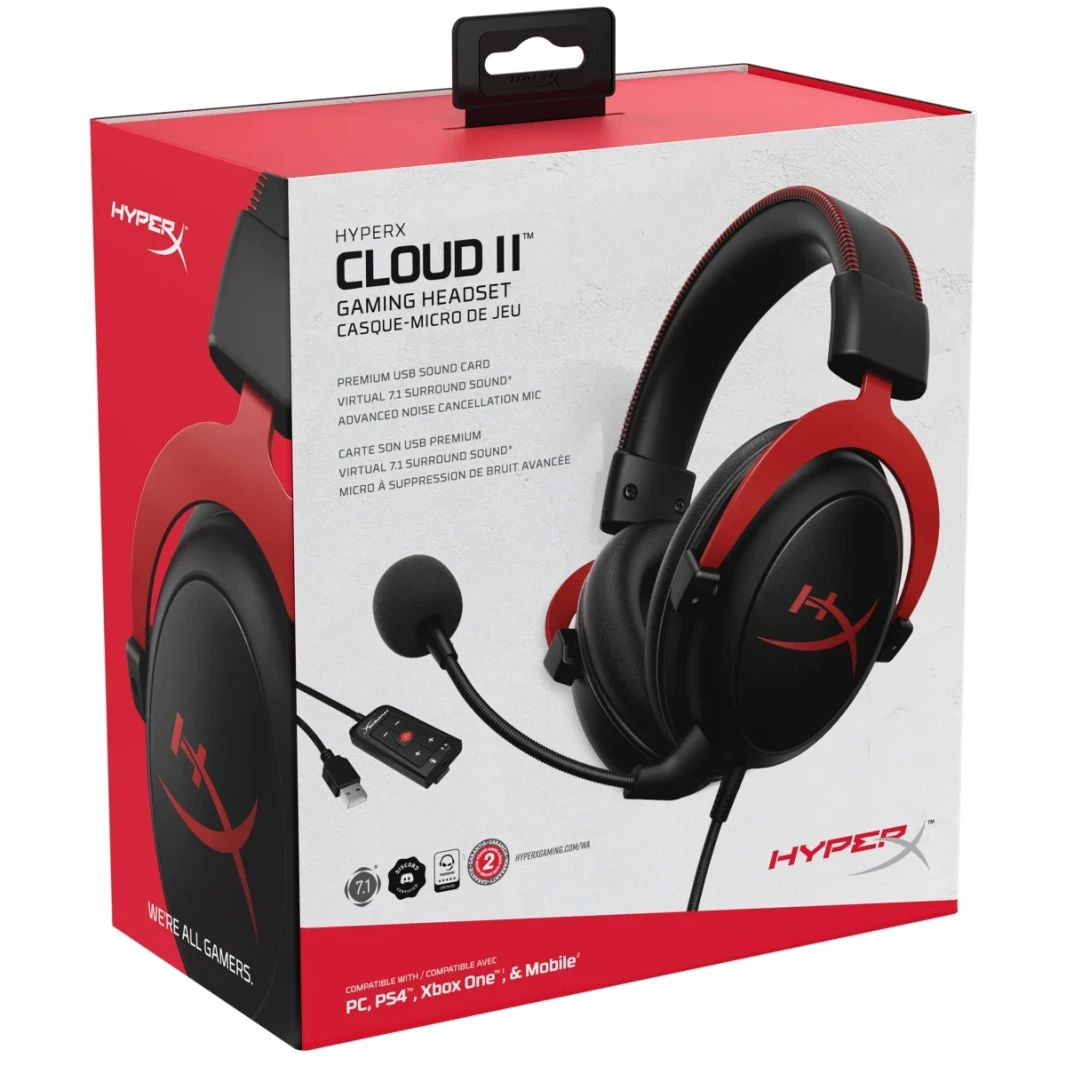 HyperX Cloud II Gaming Headset 7.1 Virtual Surround Sound for PC / PS4 / Mac / Mobile - USB Sound Card, 53mm Drivers Neodynium Magnets Noise Cancelling Mic & Eco Cancelling