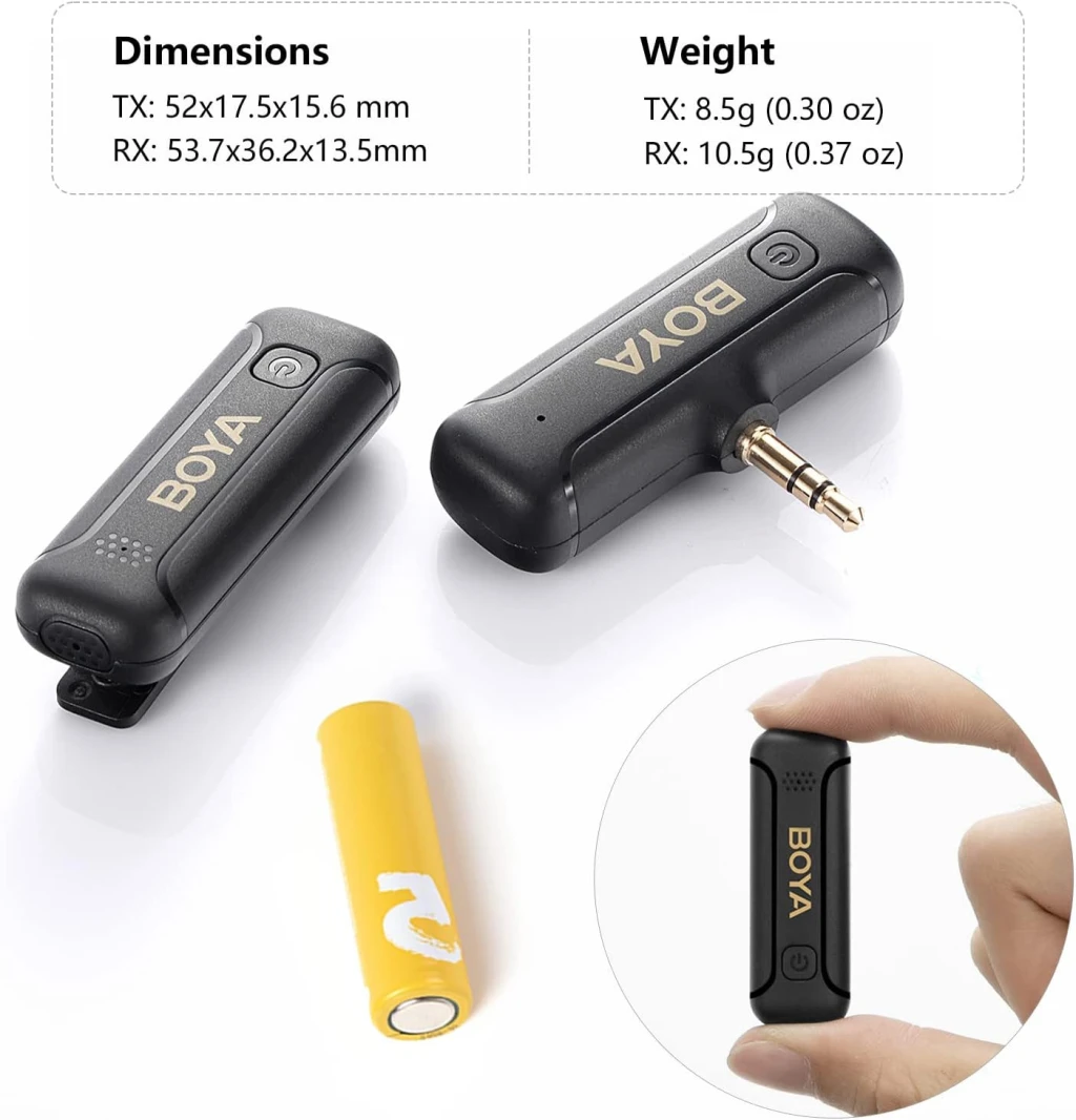 Boya BY-WM3T2-M1 Mini 2.4Ghz Omnidirectional Wireless Lavalier Microphone with 3.5mm TRS Jack, Up to 50m Transmission, 10 Hours Battery - Black