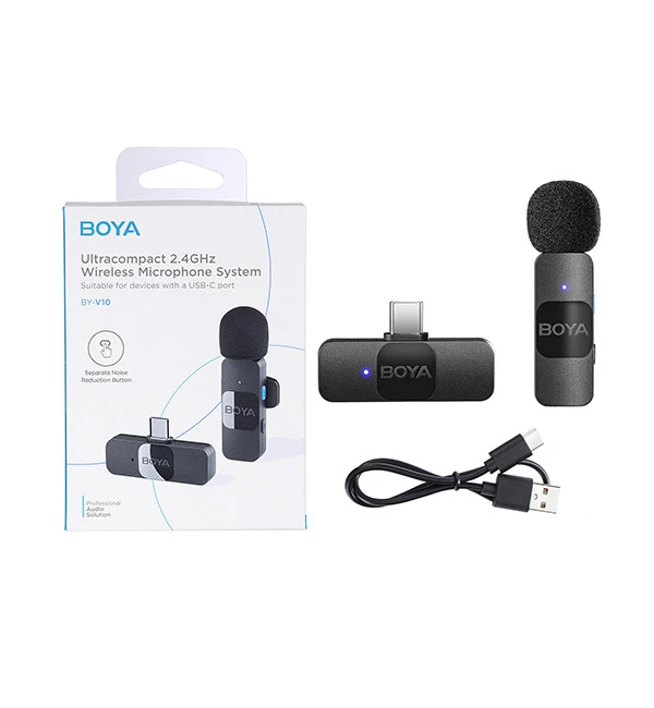 Boya BY-V10 Ultracompact 2.4Ghz Omnidirectional Wireless Lavalier Microphone with USB-C Port, Up to 50m Transmission, 9 Hours Battery - Black