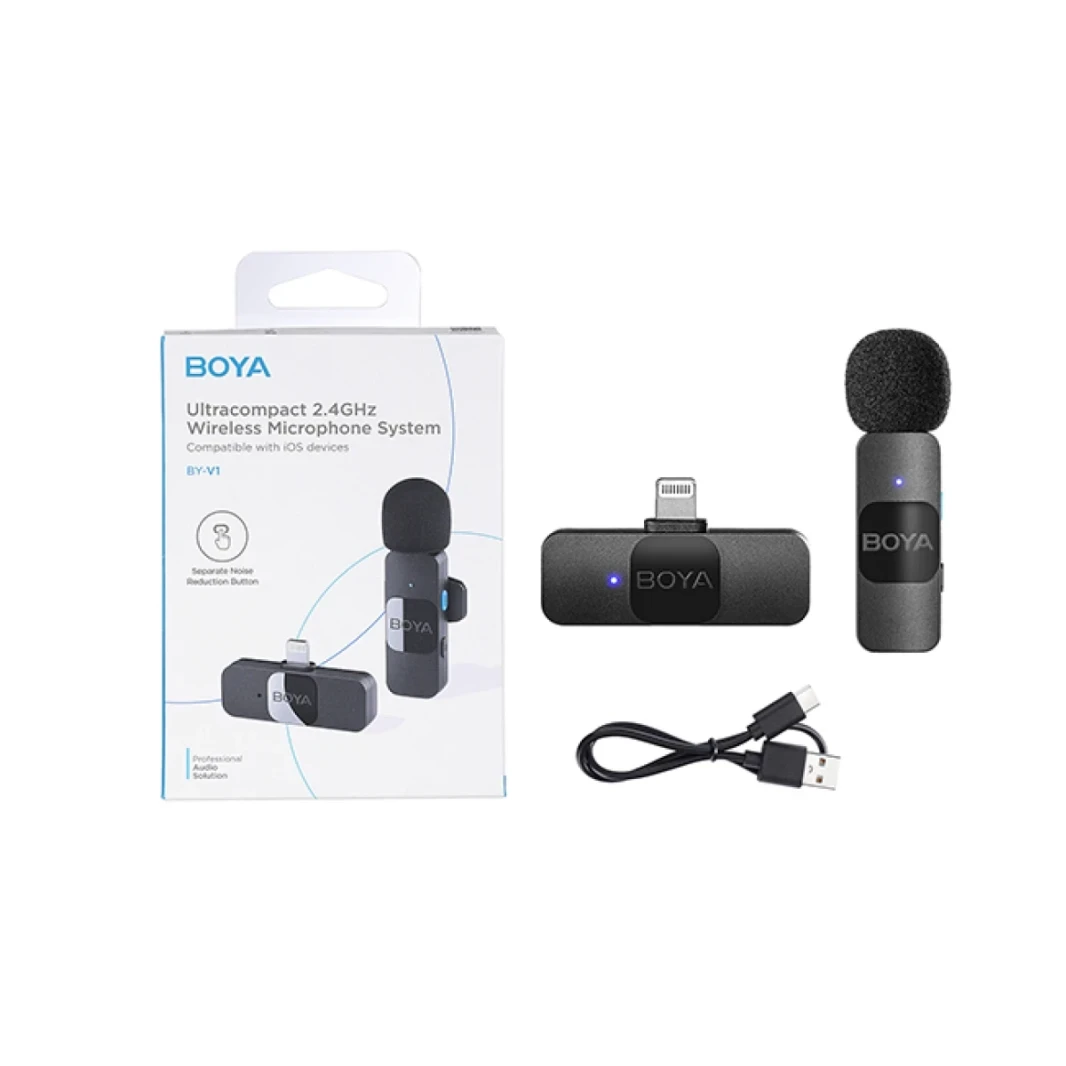 Boya BY-V1 Ultracompact 2.4Ghz Omnidirectional Wireless Lavalier Microphone with lightning Port Compatible with IOS Devices, Up to 50m Transmission, 9 Hours Battery - Black