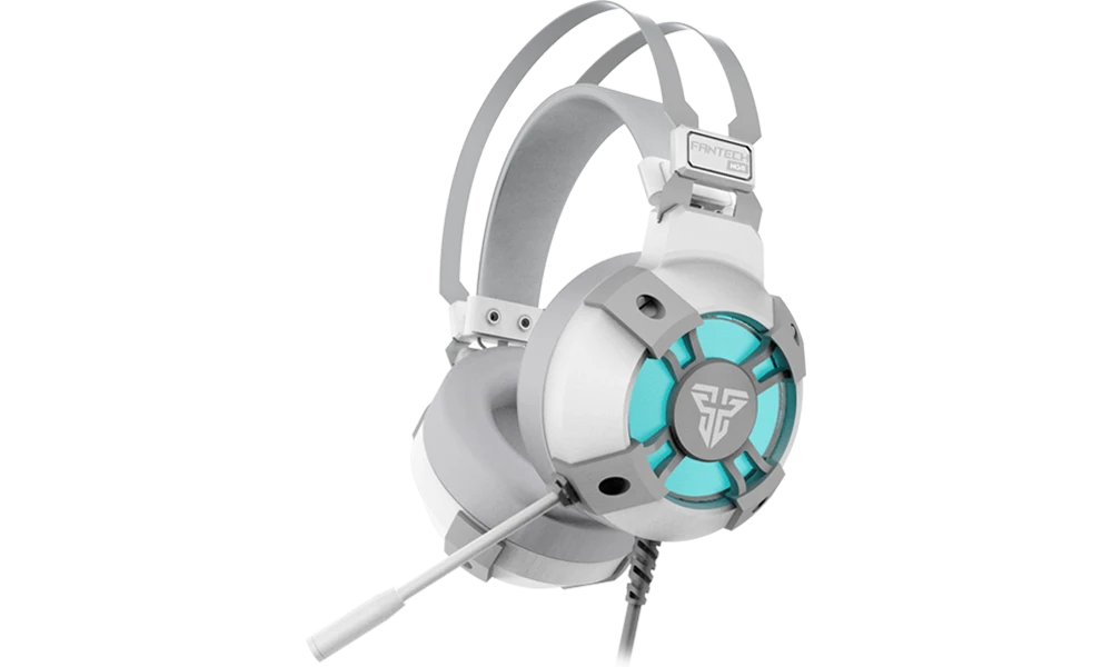 FANTECH USB RGB Gaming Headset and Stand Combo for PC, 7.1 Surround Sound 50mm Drive DTS Digital Over Ear Wired Headphones with Mic and Hanger, White