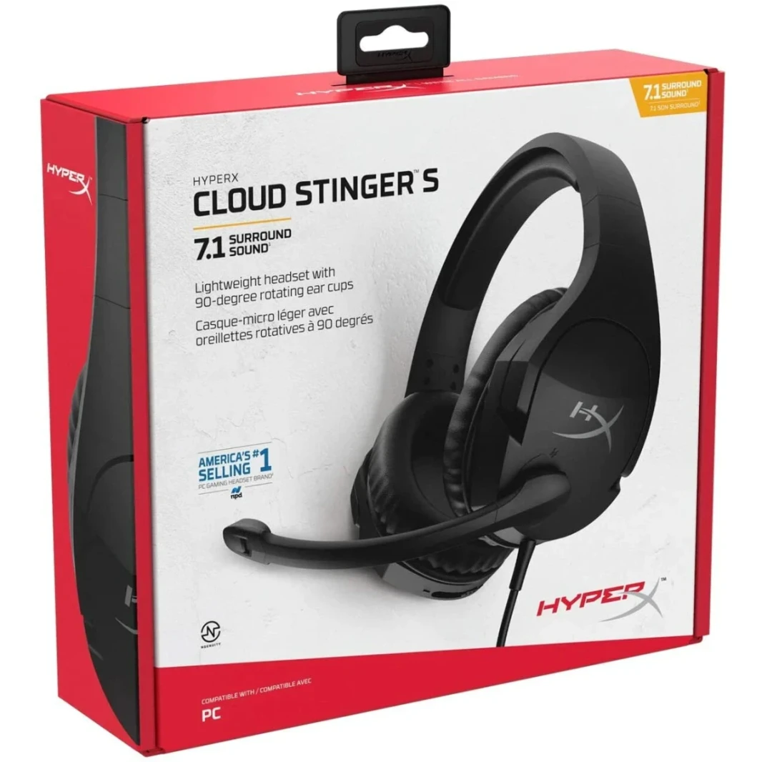 HyperX Cloud Stinger S – Gaming Headset, for PC, Virtual 7.1 Surround Sound, Lightweight, Memory Foam, Soft Leatherette, Durable Steel Sliders, Swivel-to-Mute Noise-Cancelling Microphone, Black