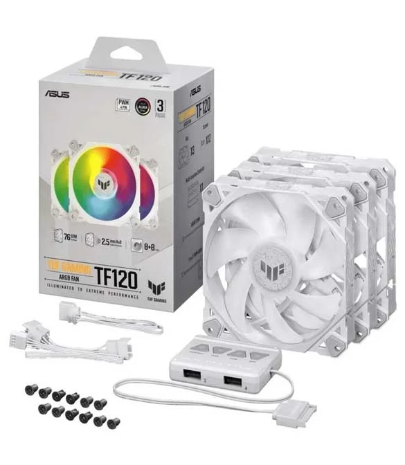 ASUS TUF GAMING TF120 ARGB TRIPLE FAN KIT W/ CONTROLLER 3PIN LEDS BLADE 120MM PWM CONTROL FOR COMPUTER -WHITE