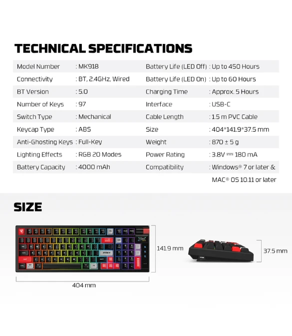 FANTECH MK918 ATOM PRO97 WIRELESS MECHANICAL GAMING KEYBOARD WHITE - BLUE SWITCH