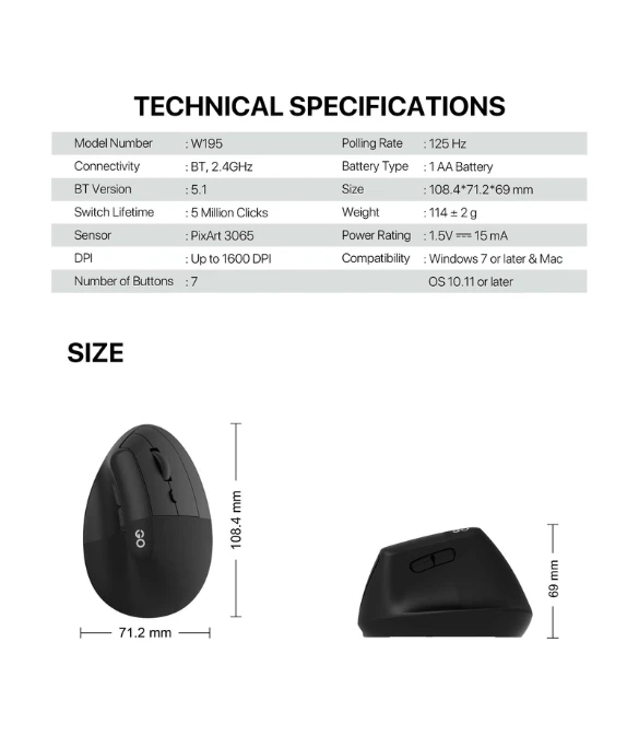 FANTECH W195R  GO COMFY VERTICAL ERGONOMIC MOUSE - GRAY