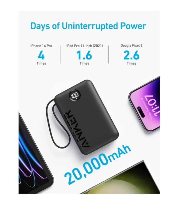Anker Power Bank (20,000mAh, 22.5W, Built-In USB-C Cable) A1647H11 - Black