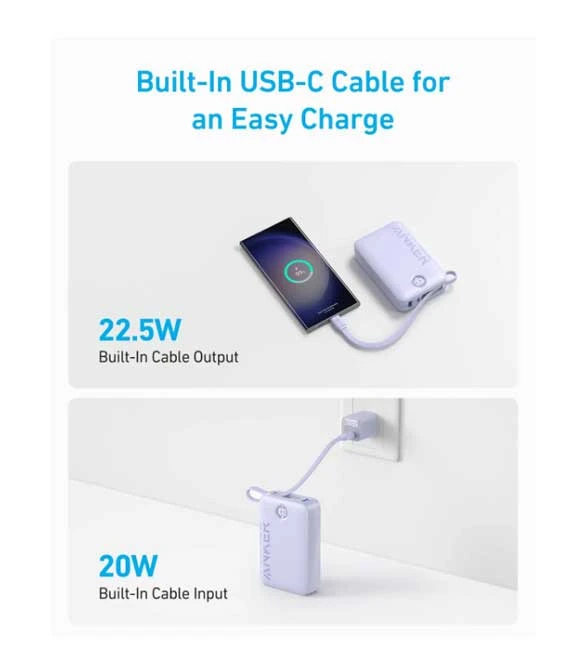 Anker Power Bank (20,000mAh, 22.5W, Built-In USB-C Cable) A1647H11 - Black