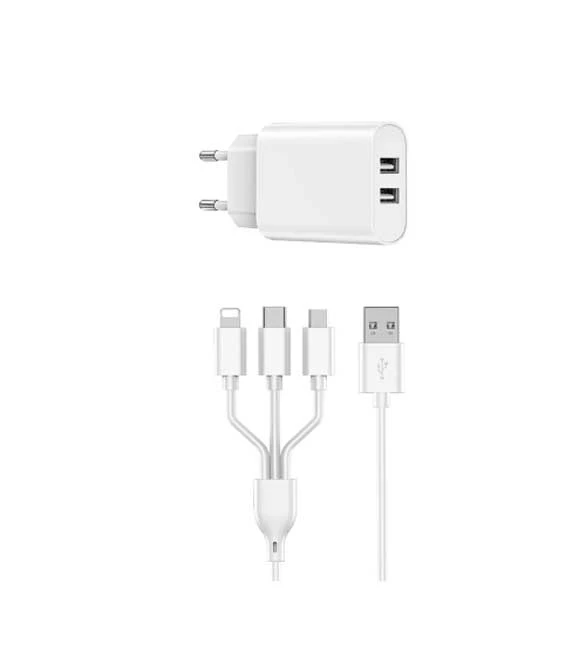 WiWU White Dual USB Charger + 3 in 1 Cable EU Plug Wi-U003