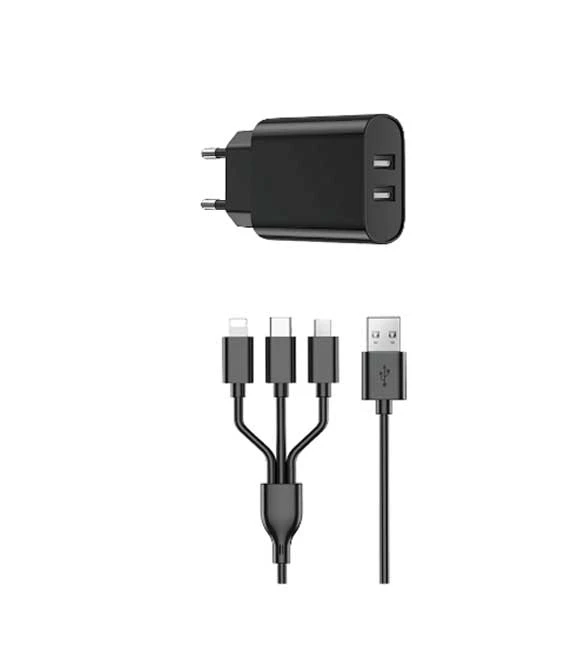 WiWU Black Dual USB Charger + 3 in 1 Cable EU Plug Wi-U003