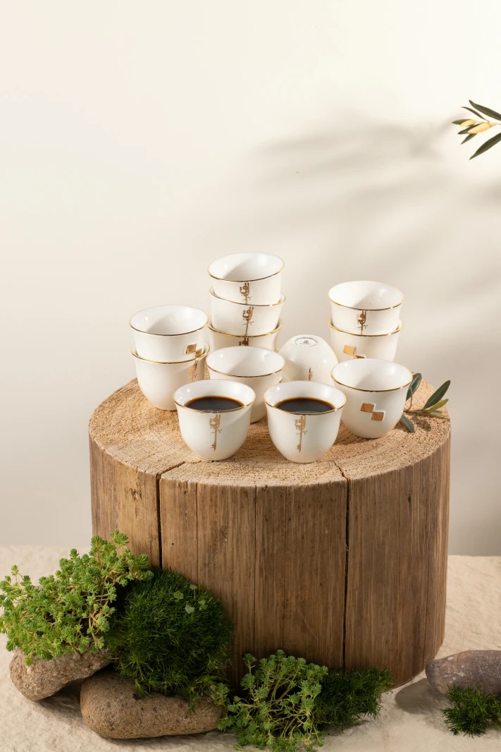 12 Pcs Arabic Coffee Cups From Liqaa - Pearl White + Gold