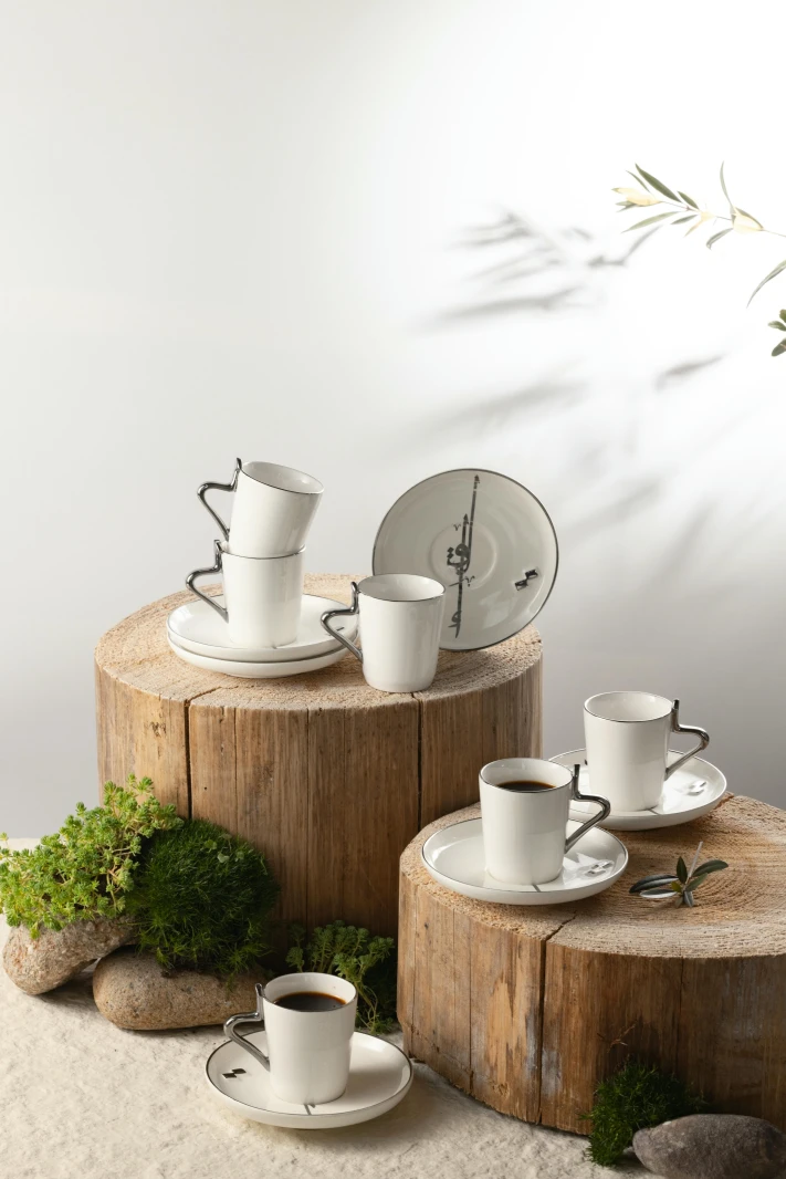 Turkish Coffee Set 12 Pcs From Liqaa - Pearl White + Silver