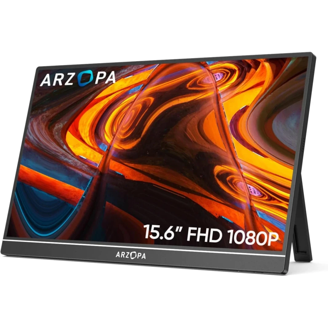 ARZOPA شاشة محمولة 15.6 إنش IPS FHD 1080p فائقة النحافة مع حامل مدمج واتصال USB-C وHDMI متوافقة مع PC وMac وXbox وPS5.