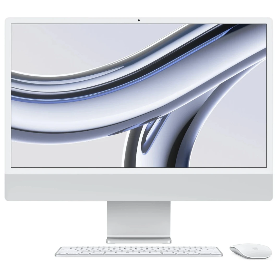 Apple iMac All-In-One (موديل 2021) بمعالج Apple M1 بثمانية أنوية CPU وثمانية أنوية GPU، سعة تخزين 256 جيجابايت وذاكرة RAM 8 جيجابايت، مع شاشة Retina مقاس 24 إنش بدقة 4.5K – اللون فضي
