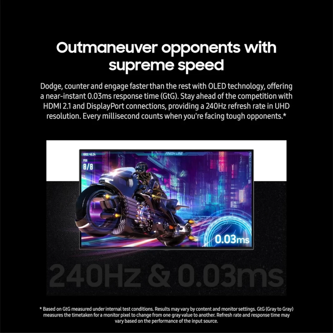 شاشة سامسونج أوديسي OLED G8 مقاس 32 بوصة (G80SD) 4K UHD ذكية 240 هرتز 0.03 مللي ثانية HDR10 متوافقة مع G-Sync شاشة خالية من الوهج مركز ألعاب بتصميم معدني أنيق - أسود