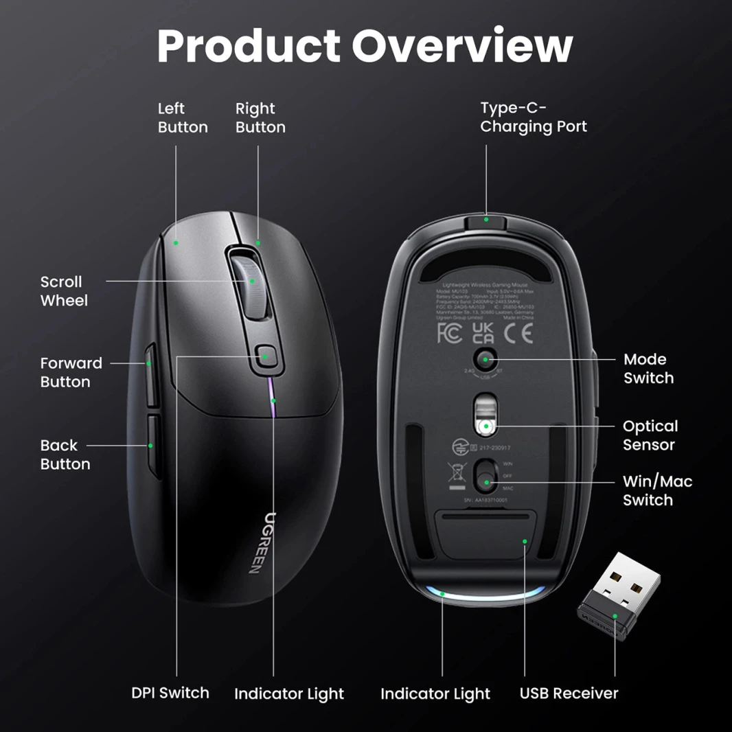 UGREEN MU103 90539 Gaming Wireless + Bluetooth Mouse -Black