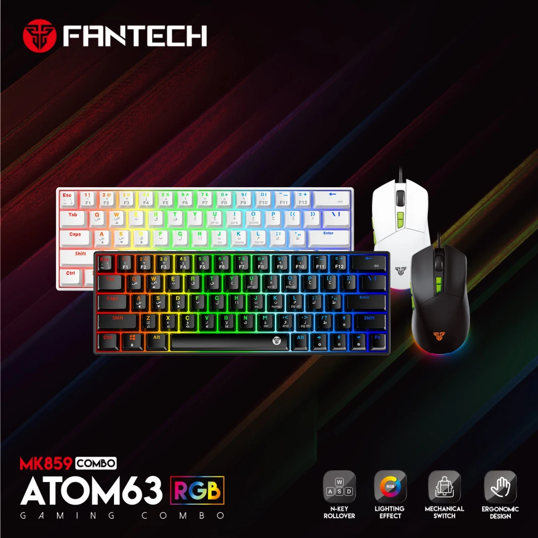 Fantech Atom63 Mk859c لوحة مفاتيح الألعاب الميكانيكية والماوس العربي/اللغة الإنجليزية