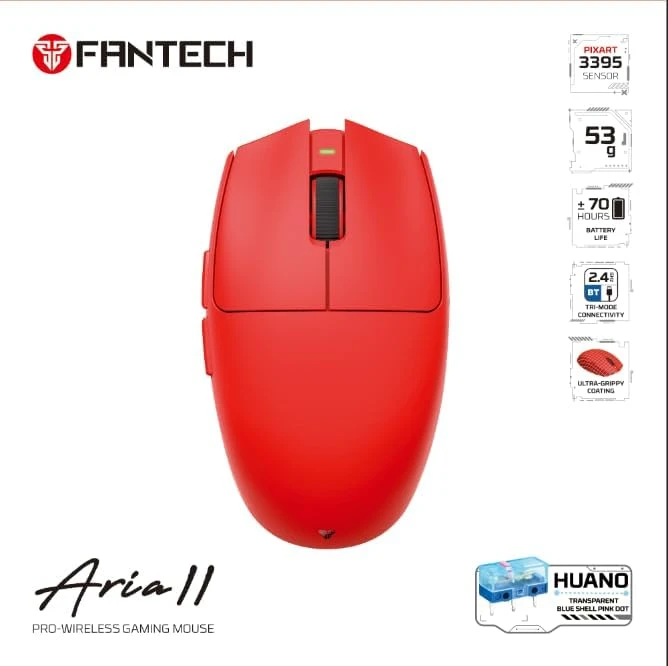 فانتك ARIA XD7V2 MOUSE WIRELESS GAMING ، 53G مفاتيح Huano الخفيفة للغاية ، شكل بيضة ambidextros 5 أزرار قابلة للبرمجة ، أحمر