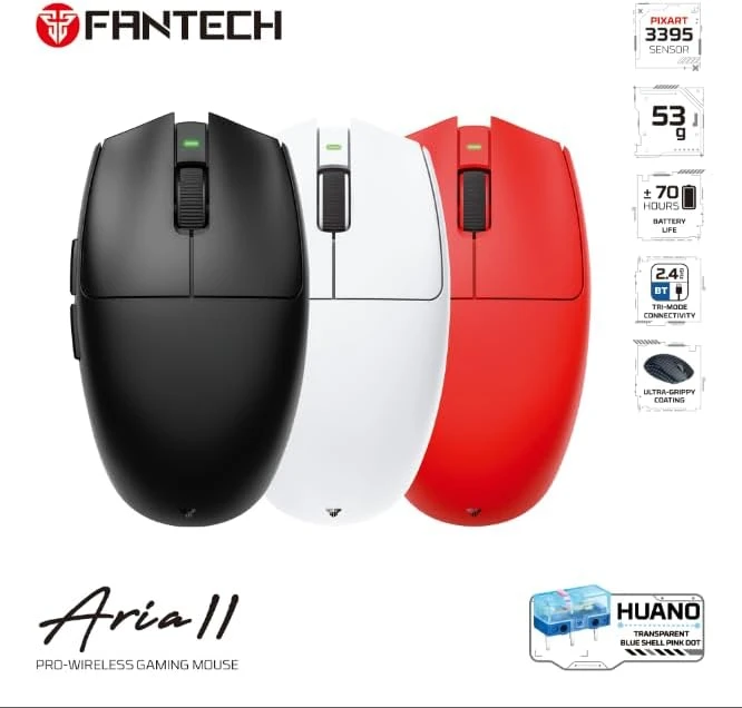 FANTECH ARIA XD7V2 Wireless Gaming Mouse, 53g Ultra-Lightweight HUANO Switches, Ambidextrous Egg Shape 5 Programmable Buttons, Red