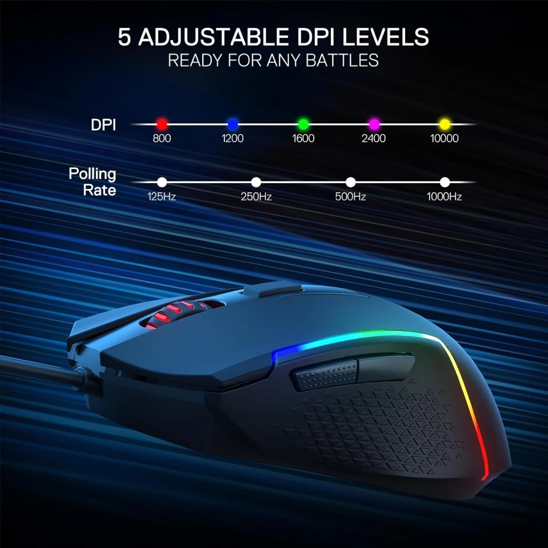 Redragon M616 RGB Gaming Mouse ، 10000 dpi الماوس البصري سلكي مع 6 أزرار قابلة للبرمجة و 8 أوضاع خلفية ، يدعم البرامج DIY Keybinds