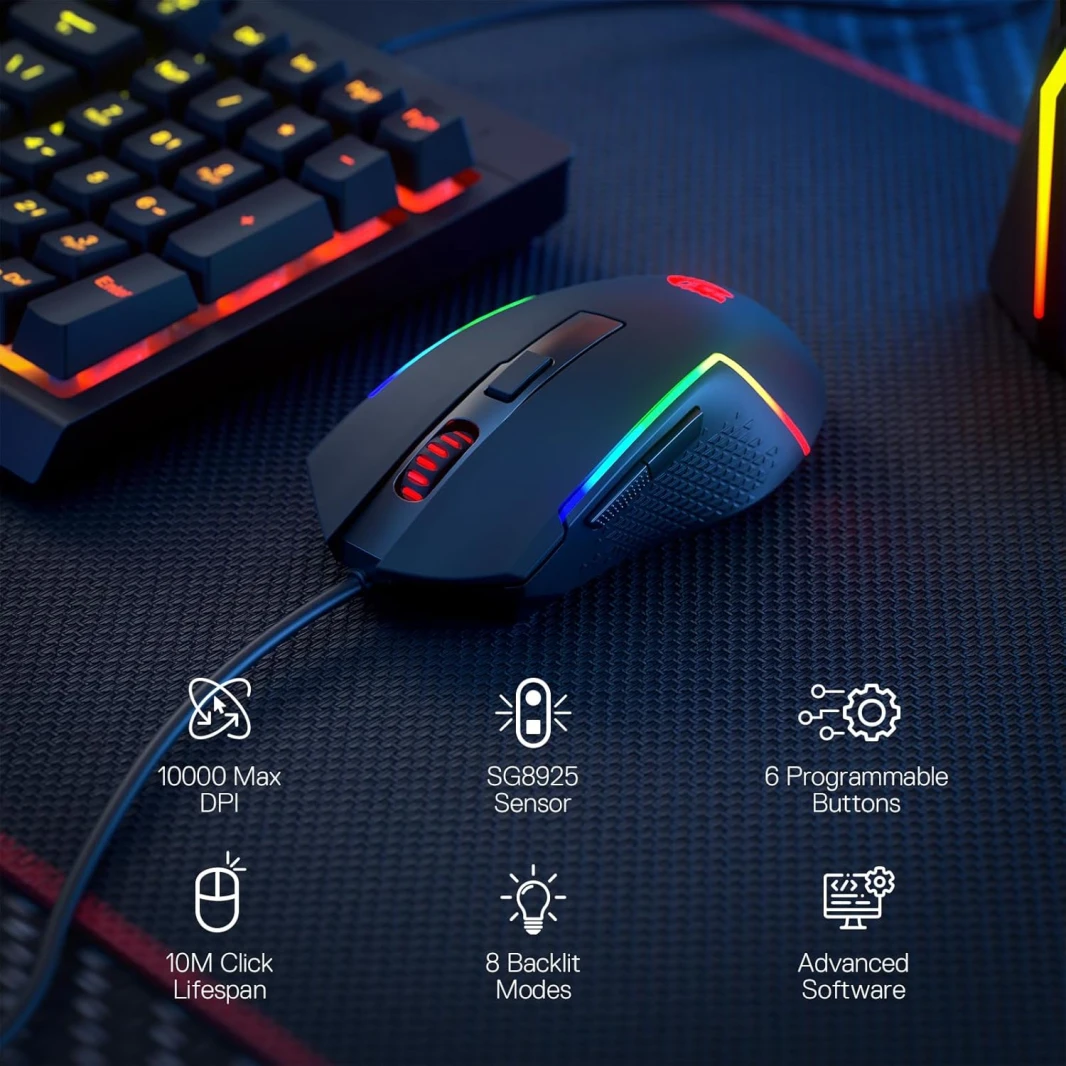 Redragon M616 RGB Gaming Mouse ، 10000 dpi الماوس البصري سلكي مع 6 أزرار قابلة للبرمجة و 8 أوضاع خلفية ، يدعم البرامج DIY Keybinds