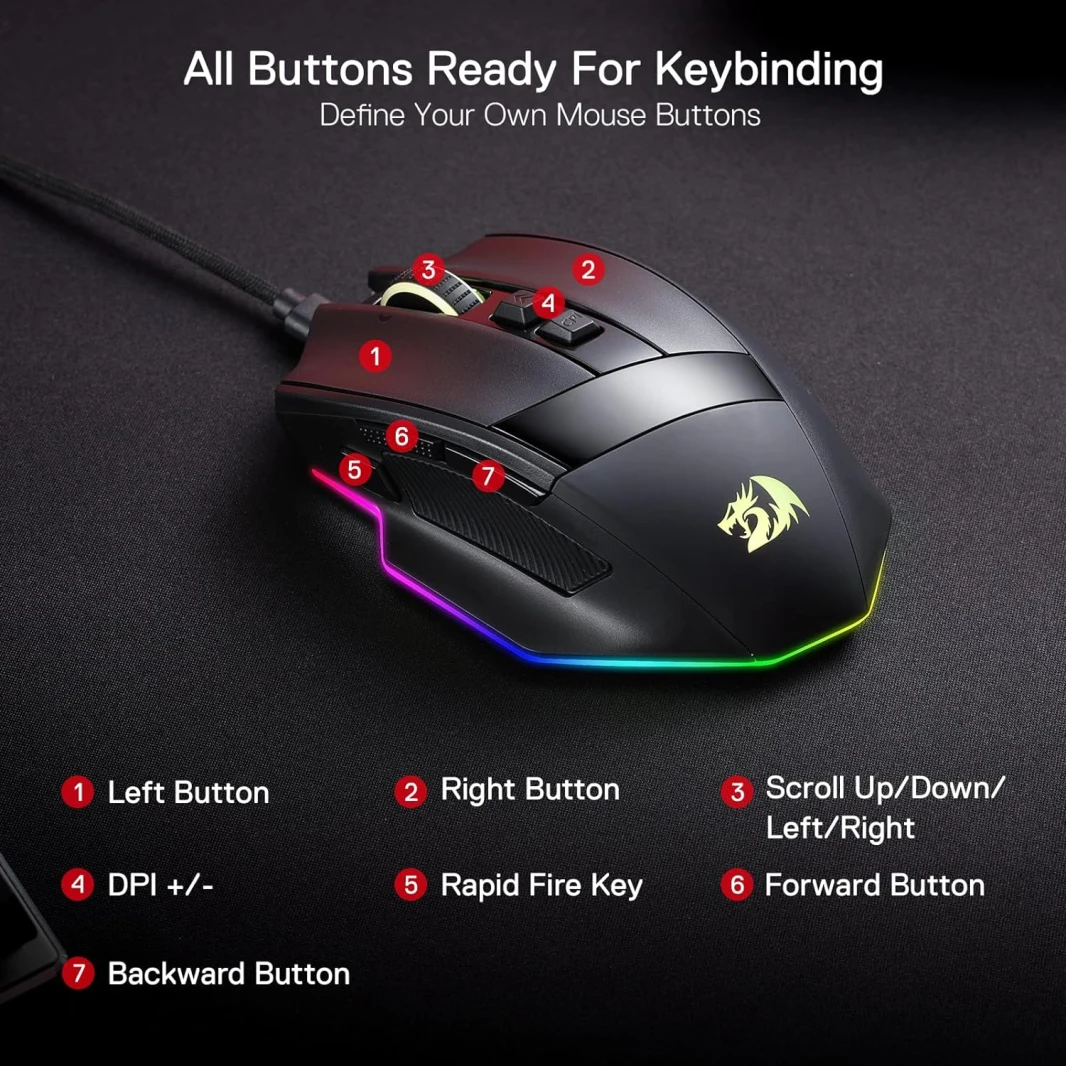 Redragon M813 RGB Wired Gaming Mouse with 4D Dual Mode Scroll Wheel ، Mouse Orgonomic Pansical Mouse with 16000 DPI ، 3333 Sensor High Precision ، 7 مفاتيح ماكرو ، برنامج مدعوم من البرامج