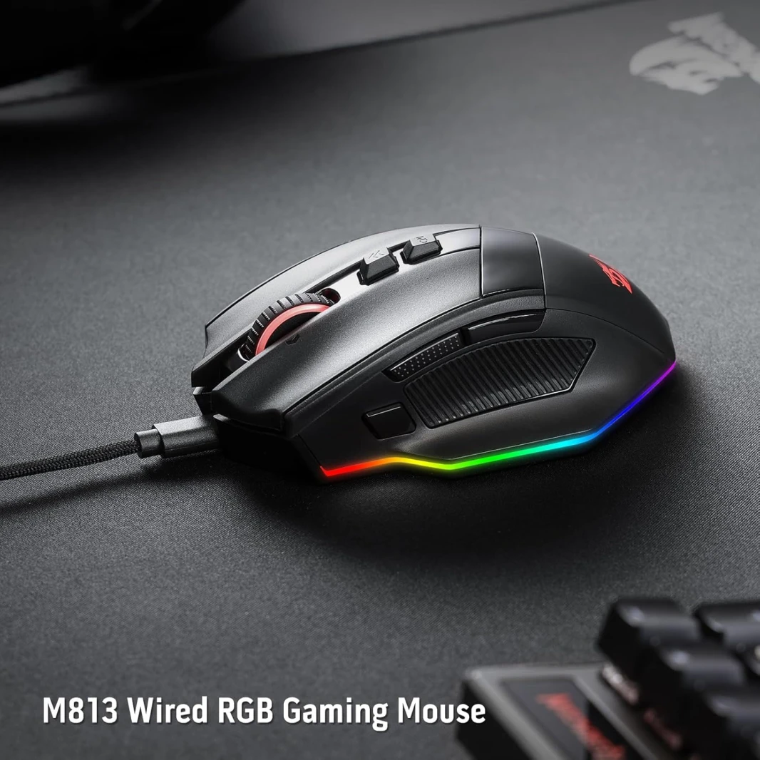 Redragon M813 RGB Wired Gaming Mouse with 4D Dual Mode Scroll Wheel ، Mouse Orgonomic Pansical Mouse with 16000 DPI ، 3333 Sensor High Precision ، 7 مفاتيح ماكرو ، برنامج مدعوم من البرامج