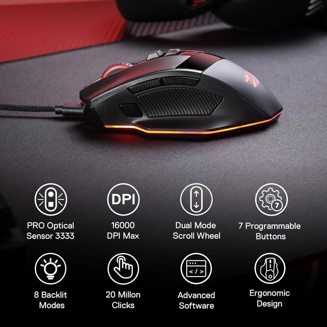 Redragon M813 RGB Wired Gaming Mouse with 4D Dual Mode Scroll Wheel ، Mouse Orgonomic Pansical Mouse with 16000 DPI ، 3333 Sensor High Precision ، 7 مفاتيح ماكرو ، برنامج مدعوم من البرامج